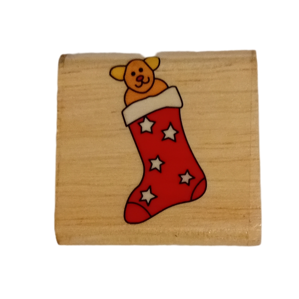 Wooden Stamp with Red Stocking and Bear Design